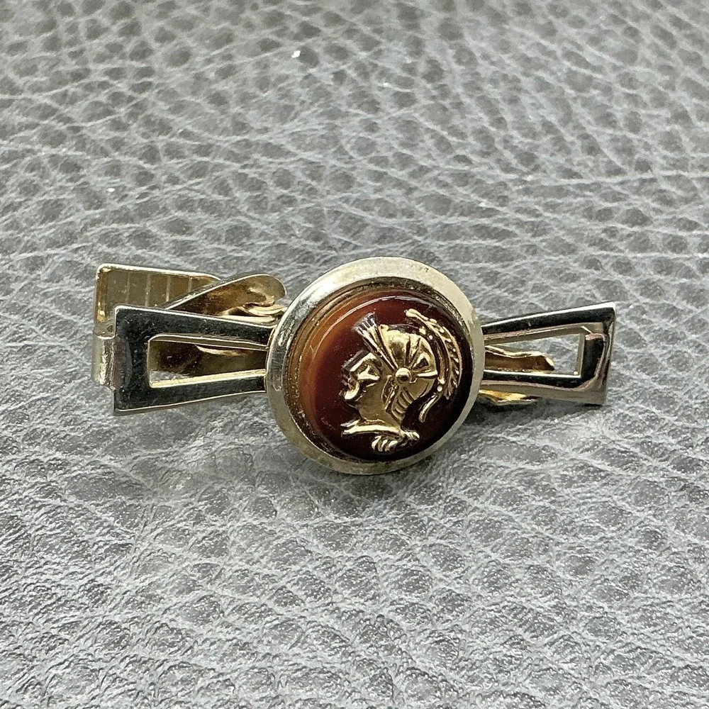 Vintage Mens Roman Warrior Cufflinks Tie Bar Set Gold Tone Brown Cameo Cabochon